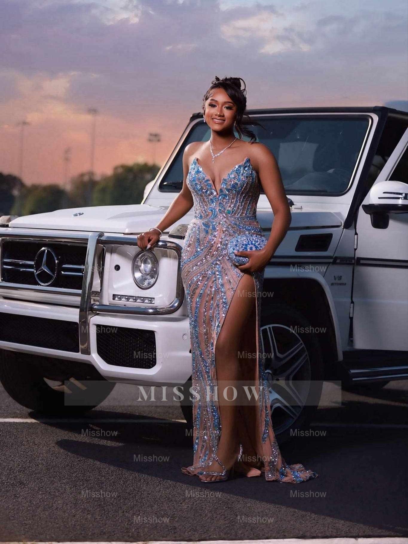 Blue Mermaid Prom Dress Spaghetti Straps Deep V Neck Blue Silver Crystal 3D Floral Botanical Beaded Sheer Illusion Swirl Stripe Barely There High Split Gown