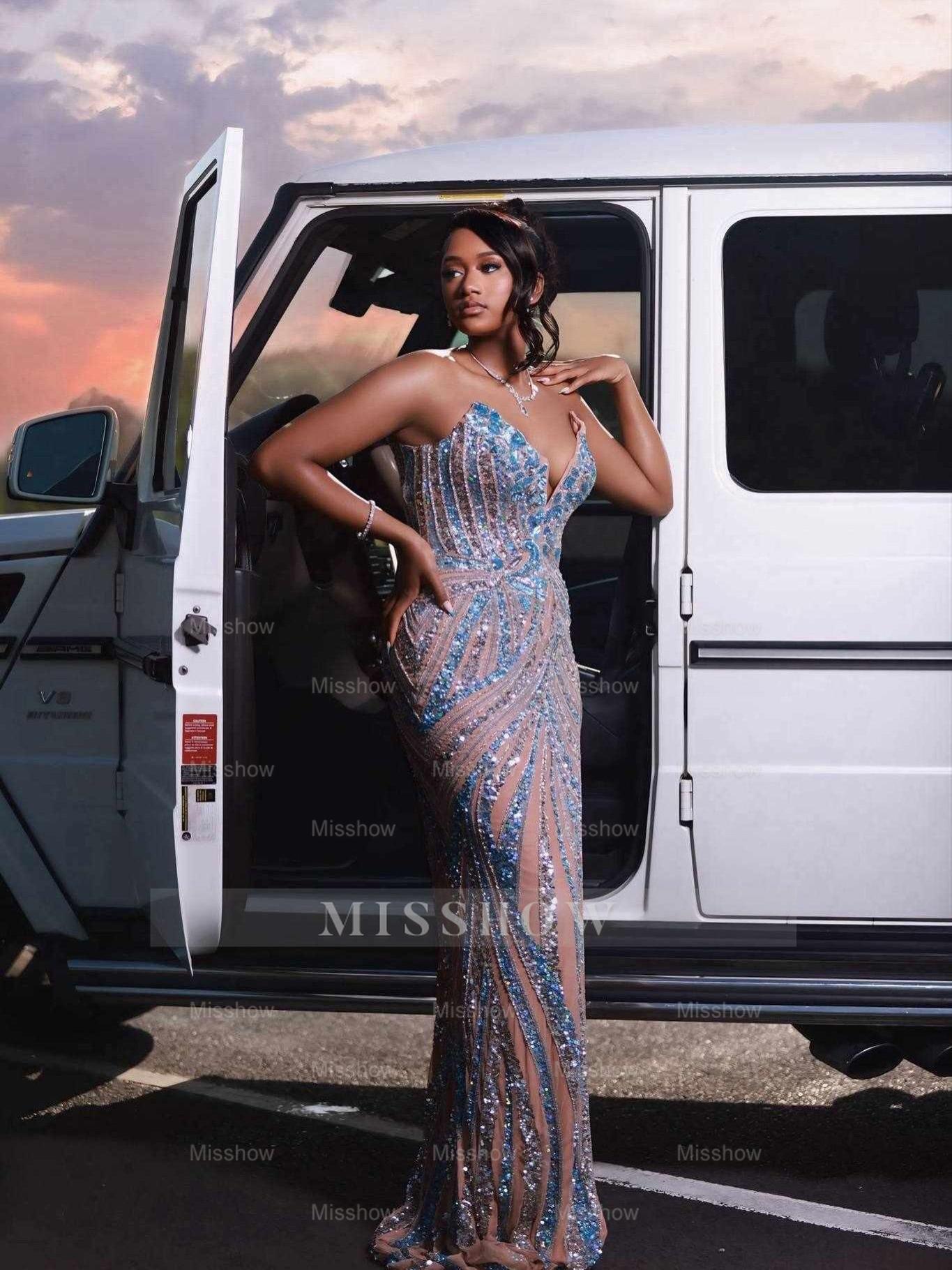 Blue Mermaid Prom Dress Spaghetti Straps Deep V Neck Blue Silver Crystal 3D Floral Botanical Beaded Sheer Illusion Swirl Stripe Barely There High Split Gown