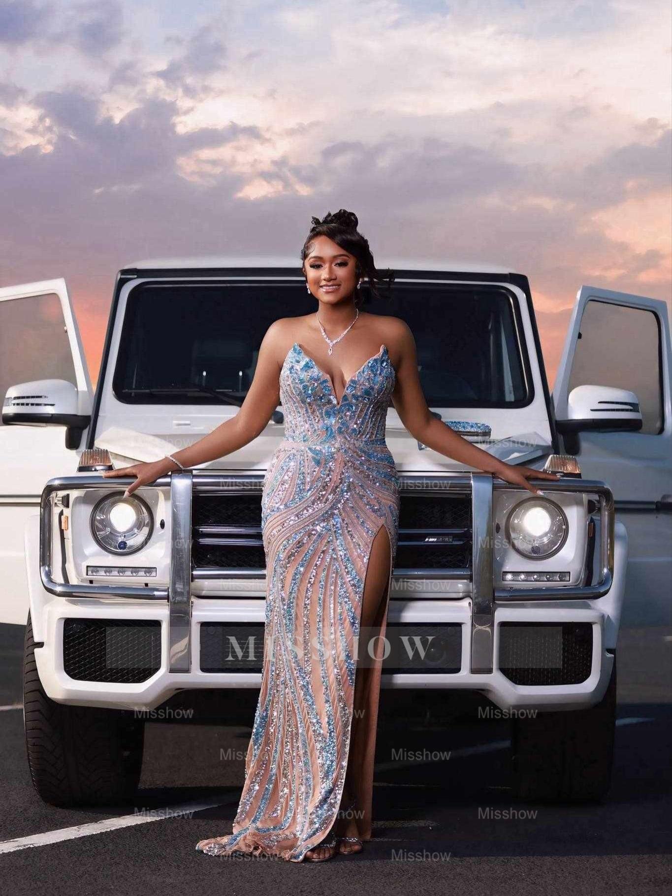 Blue Mermaid Prom Dress Spaghetti Straps Deep V Neck Blue Silver Crystal 3D Floral Botanical Beaded Sheer Illusion Swirl Stripe Barely There High Split Gown