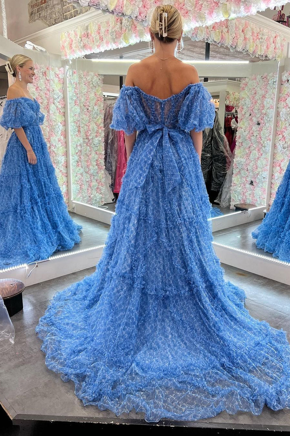 Blue Off-the-Shoulder Corset Prom Dress with Short Sleeves for an Unreal Date