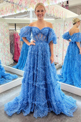 Blue Off-the-Shoulder Corset Prom Dress with Short Sleeves for an Unreal Date