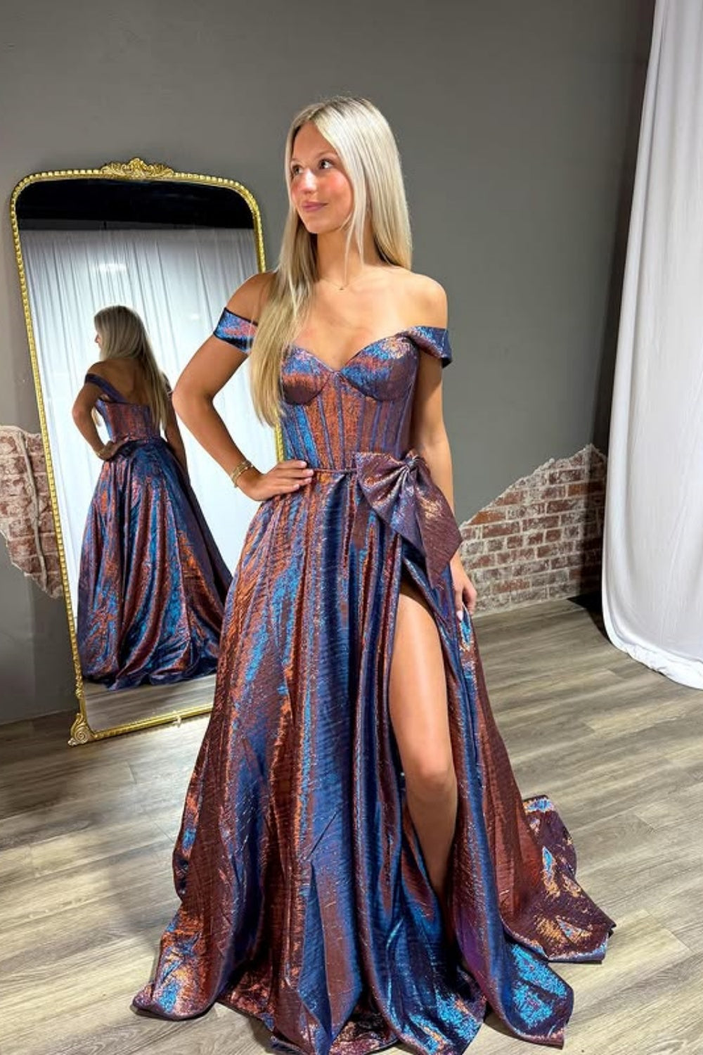 Blue Off-the-Shoulder Sweetheart Bow Metallic Corset A-Line Prom Dress Side Slit Floor Length