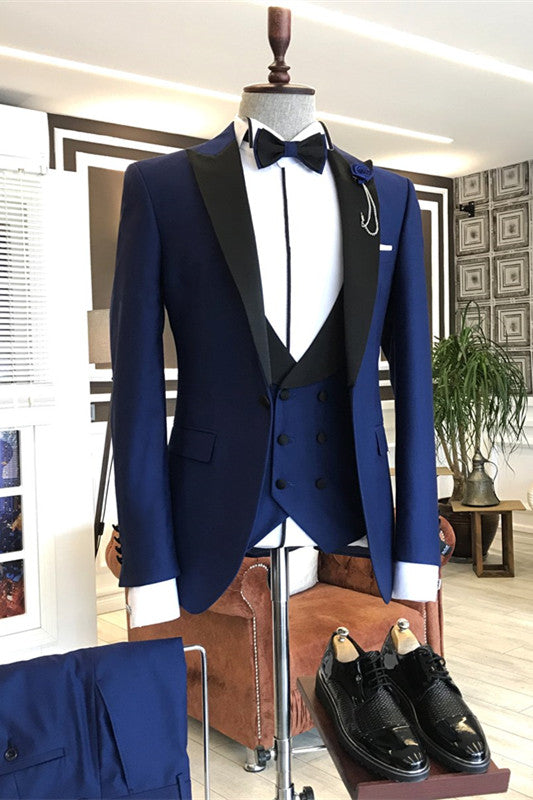 Blue Peaked Lapel Three-Piece Tailored Prom Suit