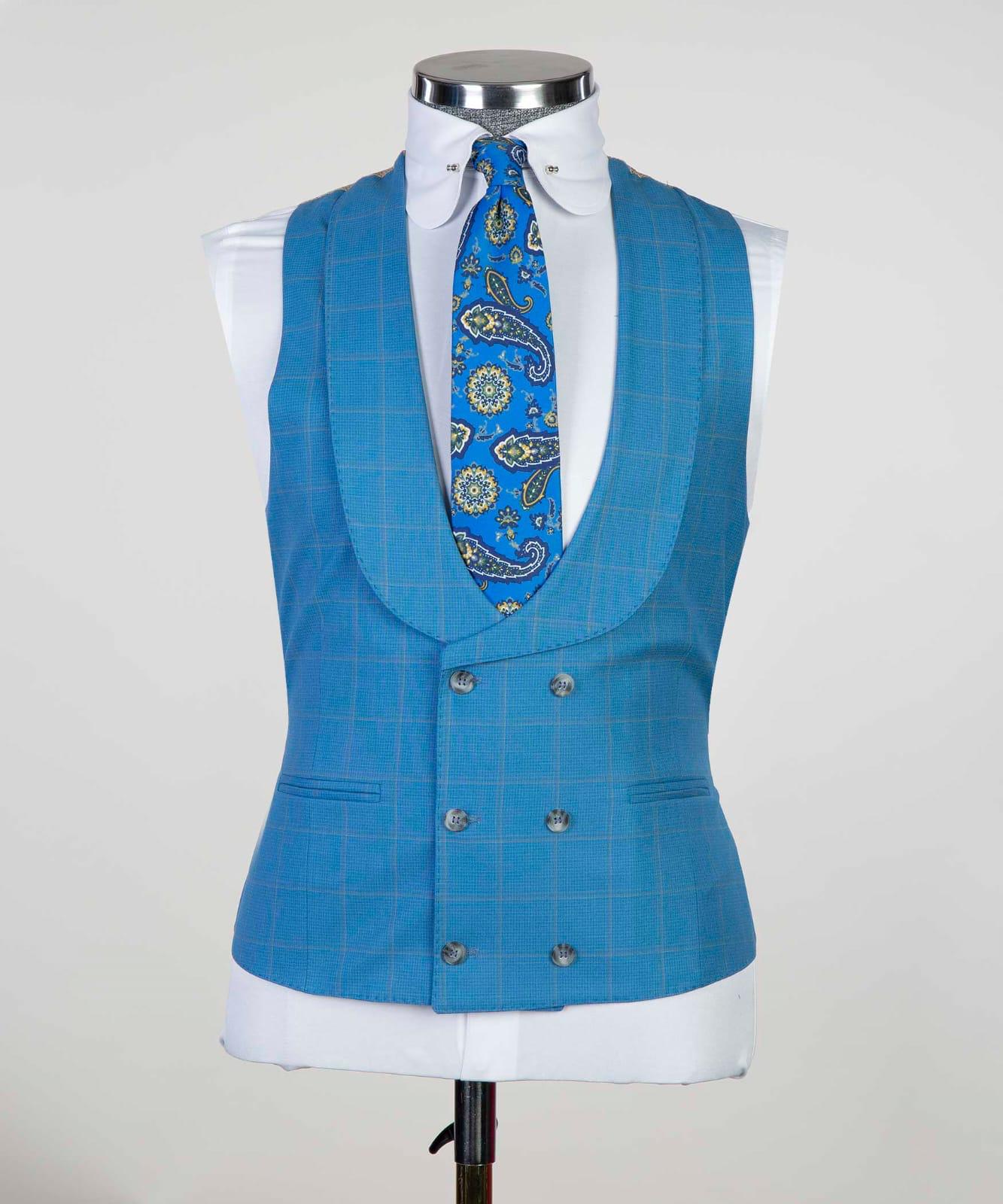 Blue Plaid Three-Piece Peak Lapel Business Men’s Suits