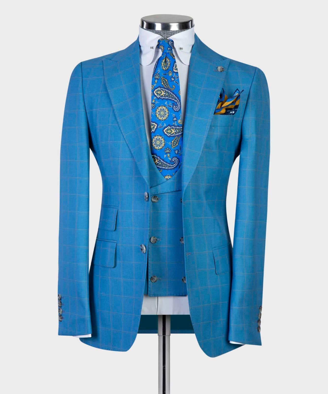 Blue Plaid Three-Piece Peak Lapel Business Men’s Suits