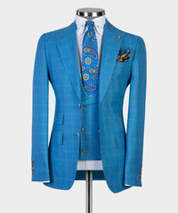 Blue Plaid Three-Piece Peak Lapel Business Men’s Suits