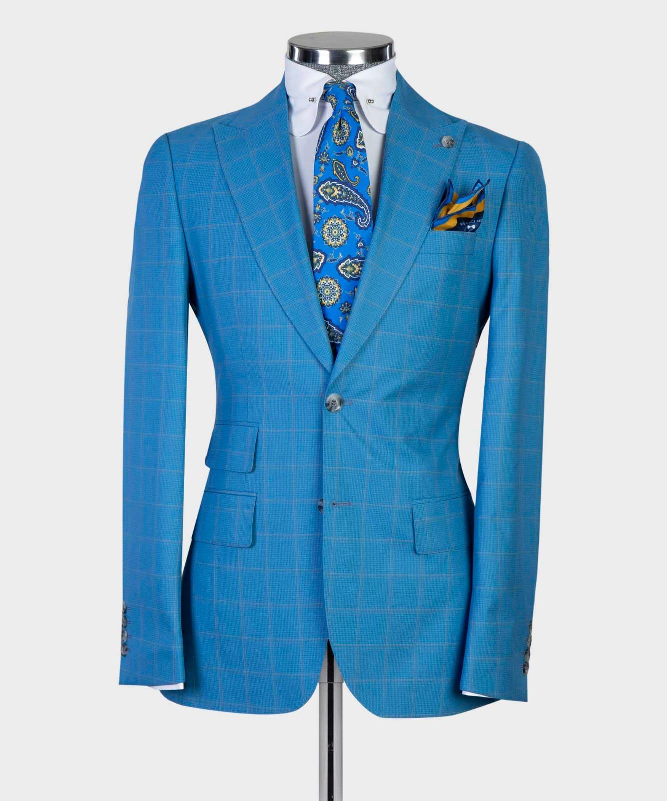 Blue Plaid Three-Piece Peak Lapel Business Men’s Suits