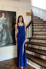 Blue Rhinestone Square Neck Sleeveless Mermaid Satin Side Slit Formal Evening Dress