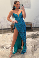 Blue Sequin Sweetheart Prom Dress with Sheath Silhouette and Slit