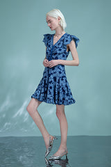 Blue Short V-neck Printed Dress with Flutter Sleeves