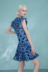 Blue Short V-neck Printed Dress with Flutter Sleeves