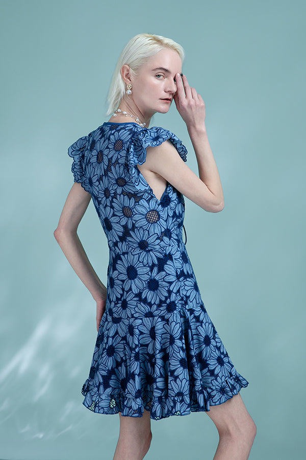 Blue Short V-neck Printed Dress with Flutter Sleeves