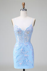 Blue Spaghetti Straps Sequins Bodycon Short Homecoming Dress