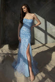 Blue Strapless Column High Split Floor Length Tulle Prom Dress