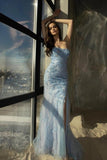 Blue Strapless Column High Split Floor Length Tulle Prom Dress