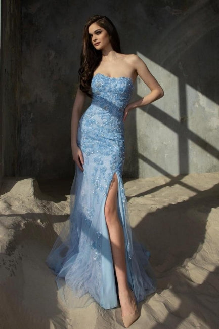 Blue Strapless Column High Split Floor Length Tulle Prom Evening Dresses