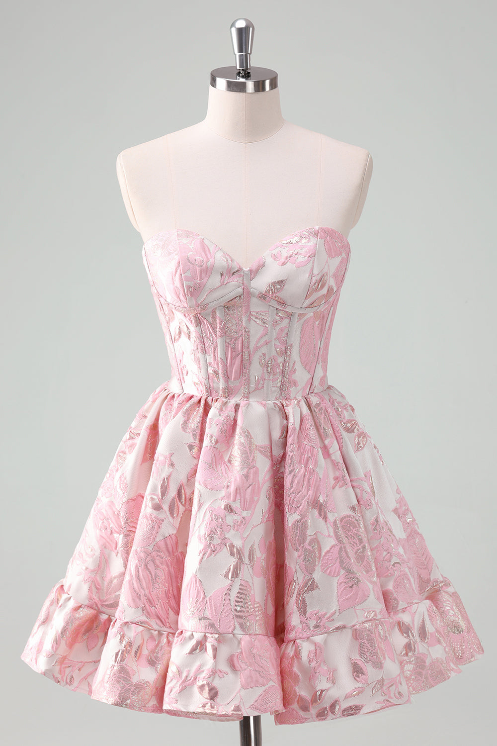 Blue Strapless Floral A-Line Printed Corset Short Homecoming Dress with Ruffles