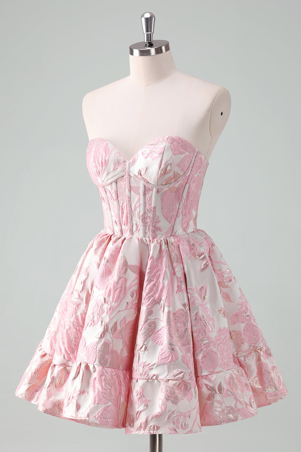 Blue Strapless Floral A-Line Printed Corset Short Homecoming Dress with Ruffles