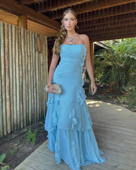 Blue Strapless Sleeveless Mermaid Chiffon Ruffled Floor Length Formal Evening Gown