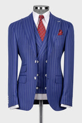 Blue Stripes Peak Lapel Three Piece Business Professional