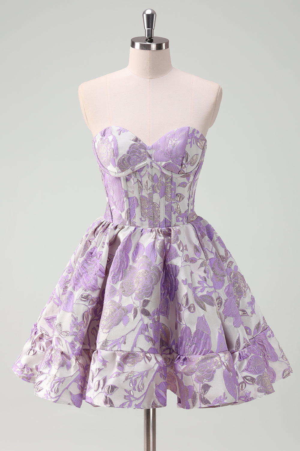 Blue Sweetheart Floral Printed Corset Short Homecoming Dress with Ruffles