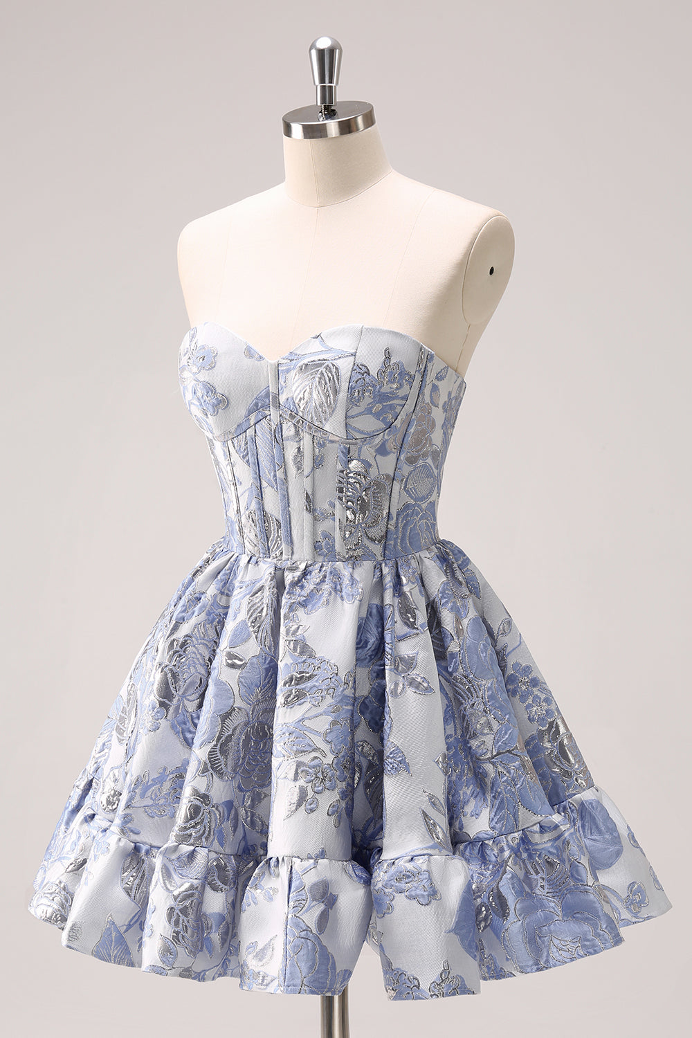 Blue Sweetheart Floral Printed Corset Short Homecoming Dress with Ruffles