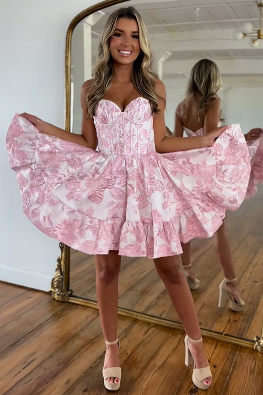 Blue Sweetheart Floral Printed Corset Short Homecoming Dress with Ruffles
