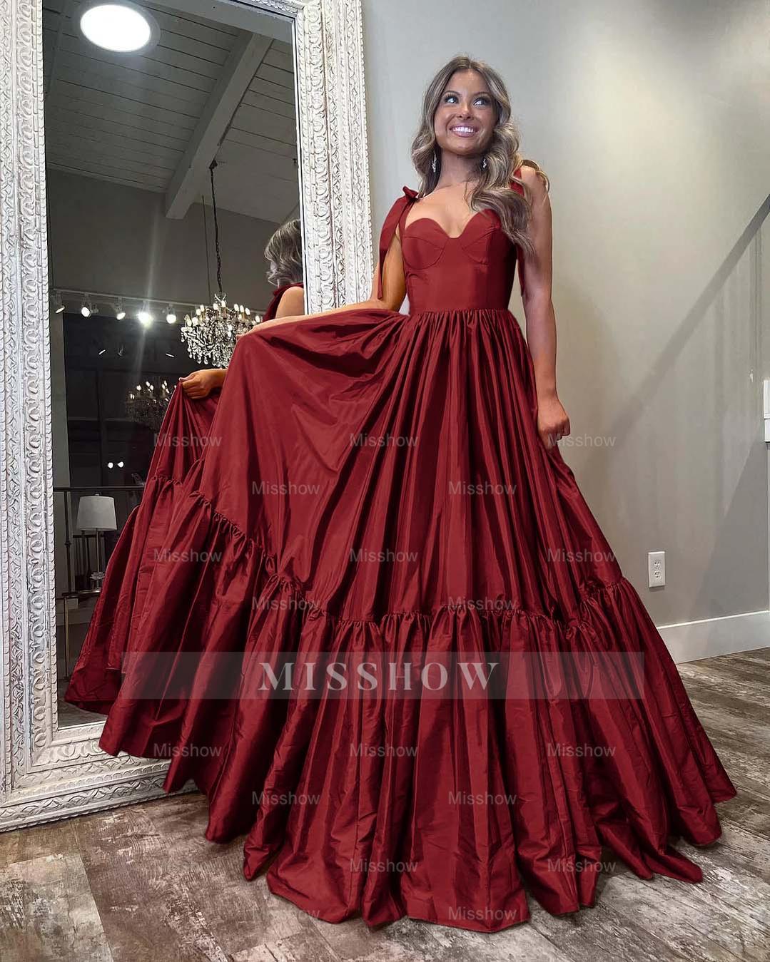 Blue Sweetheart Sleeveless Bow Straps A-Line Satin Ruffled Floor Formal Evening Dress