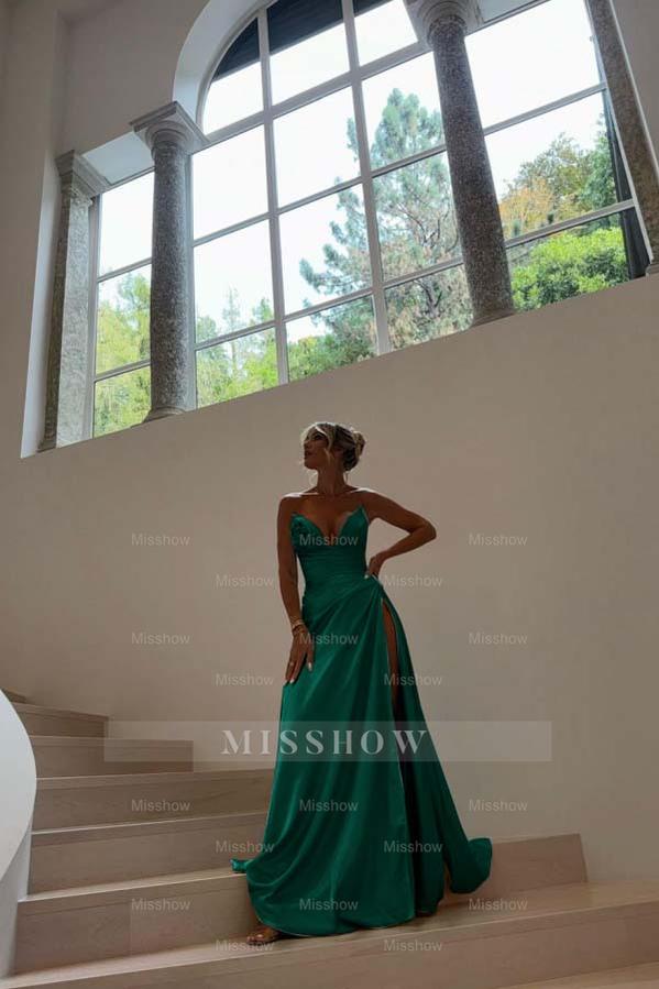 Blue Sweetheart Sleeveless Ruched A-Line Satin Front Split Floor Formal Evening Gown