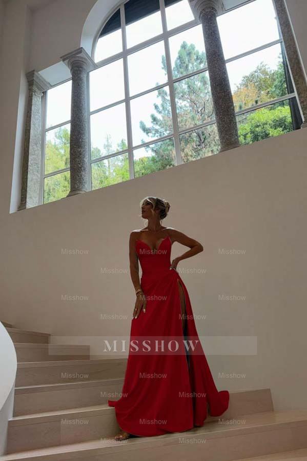 Blue Sweetheart Sleeveless Ruched A-Line Satin Front Split Floor Formal Evening Gown