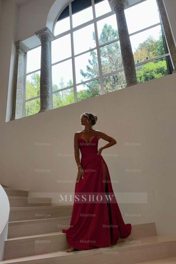Blue Sweetheart Sleeveless Ruched A-Line Satin Front Split Floor Formal Evening Gown