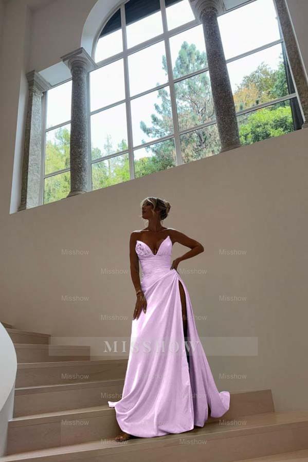 Blue Sweetheart Sleeveless Ruched A-Line Satin Front Split Floor Formal Evening Gown