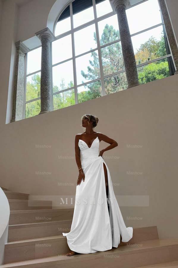 Blue Sweetheart Sleeveless Ruched A-Line Satin Front Split Floor Formal Evening Gown