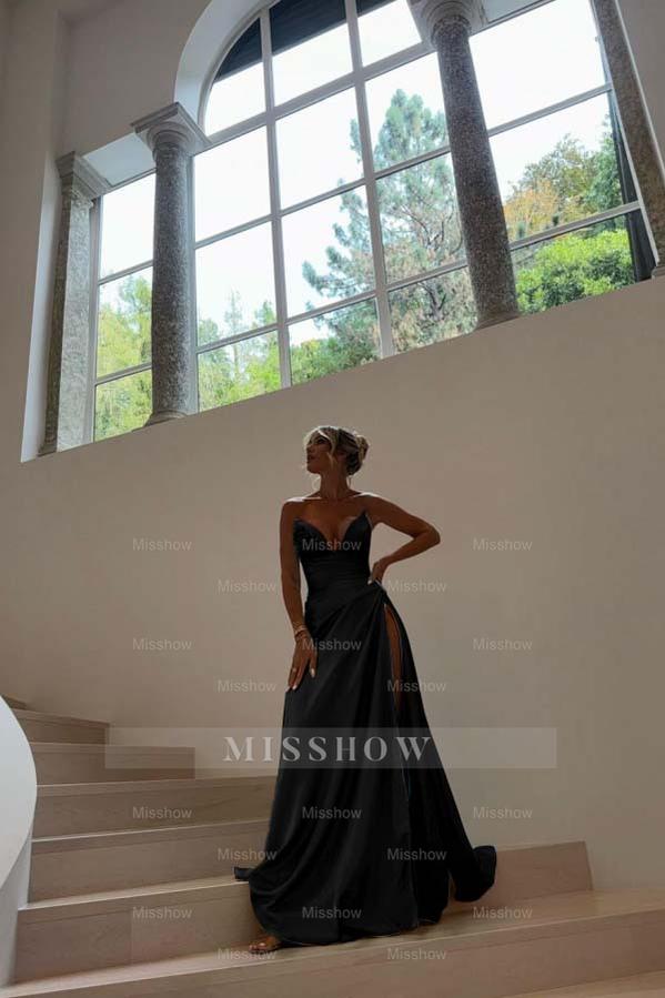 Blue Sweetheart Sleeveless Ruched A-Line Satin Front Split Floor Formal Evening Gown