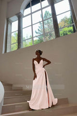 Blue Sweetheart Sleeveless Ruched A-Line Satin Front Split Floor Formal Evening Gown
