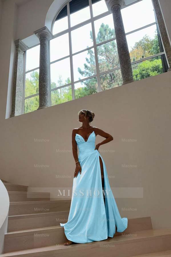 Blue Sweetheart Sleeveless Ruched A-Line Satin Front Split Floor Formal Evening Gown