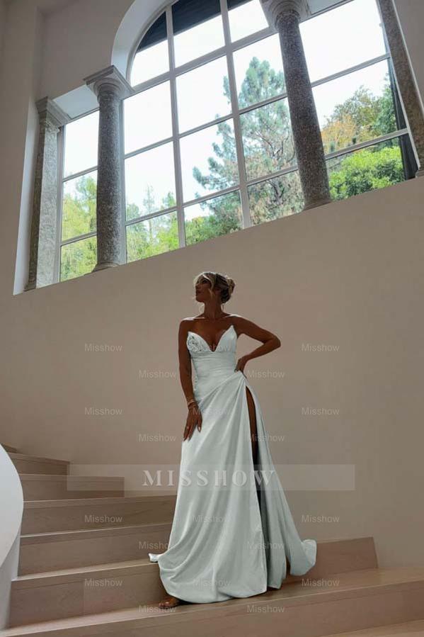 Blue Sweetheart Sleeveless Ruched A-Line Satin Front Split Floor Formal Evening Gown