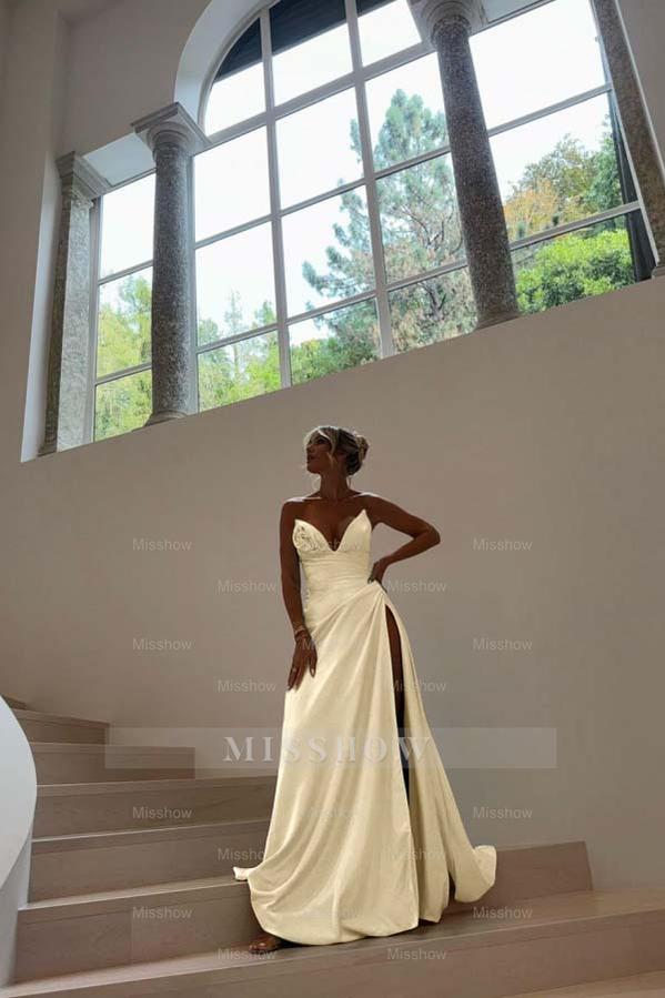 Blue Sweetheart Sleeveless Ruched A-Line Satin Front Split Floor Formal Evening Gown