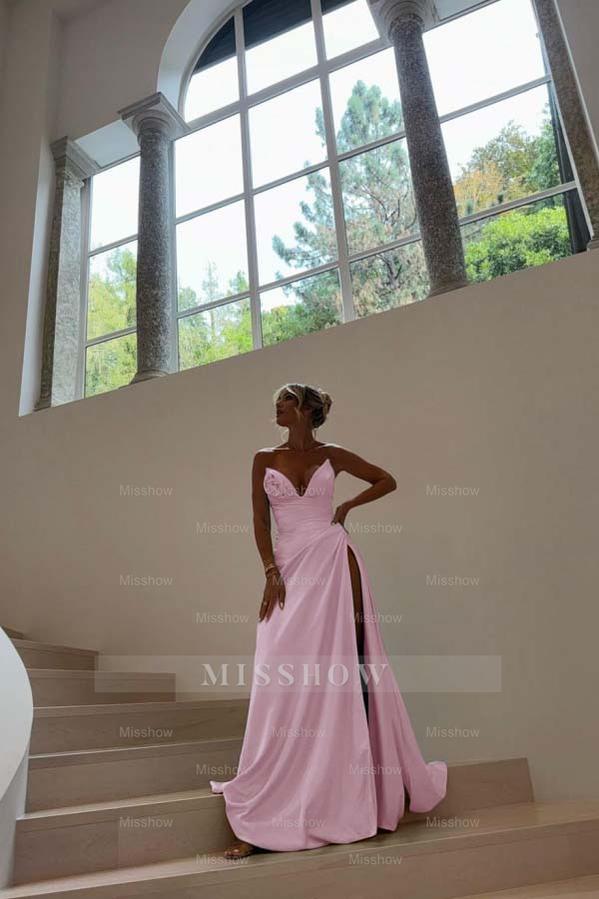Blue Sweetheart Sleeveless Ruched A-Line Satin Front Split Floor Formal Evening Gown