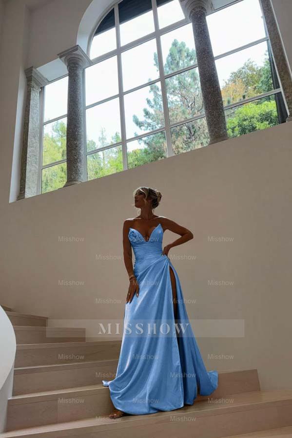 Blue Sweetheart Sleeveless Ruched A-Line Satin Front Split Floor Formal Evening Gown