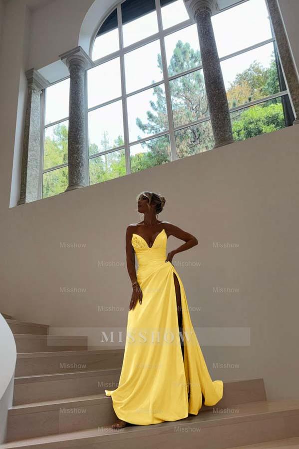 Blue Sweetheart Sleeveless Ruched A-Line Satin Front Split Floor Formal Evening Gown