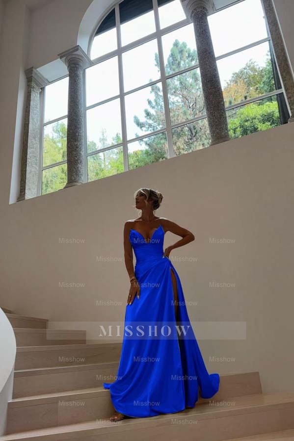 Blue Sweetheart Sleeveless Ruched A-Line Satin Front Split Floor Formal Evening Gown