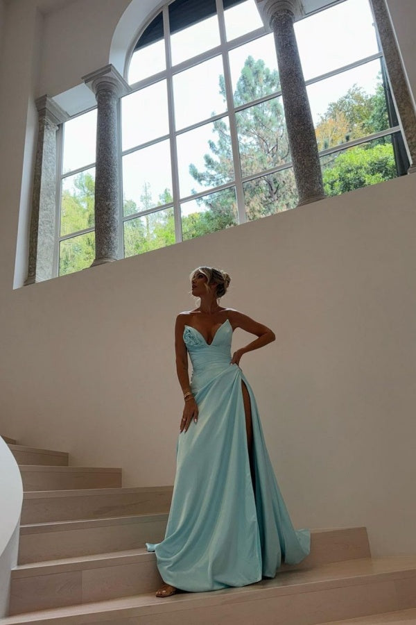 Blue Sweetheart Sleeveless Ruched A-Line Satin Front Split Floor Formal Evening Gown