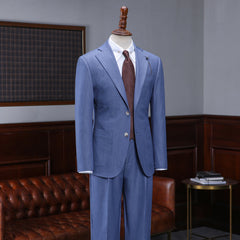 Blue Two Pieces Notched Lapel Slim Fit Custom Business Suit