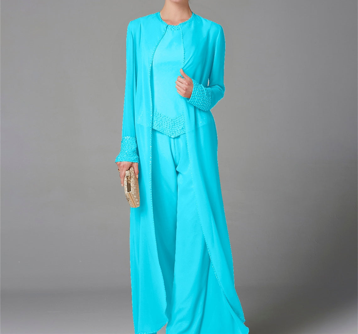 Chiffon Long Sleeves Mother Of The Bride Pantsuits With Jacket Sequins