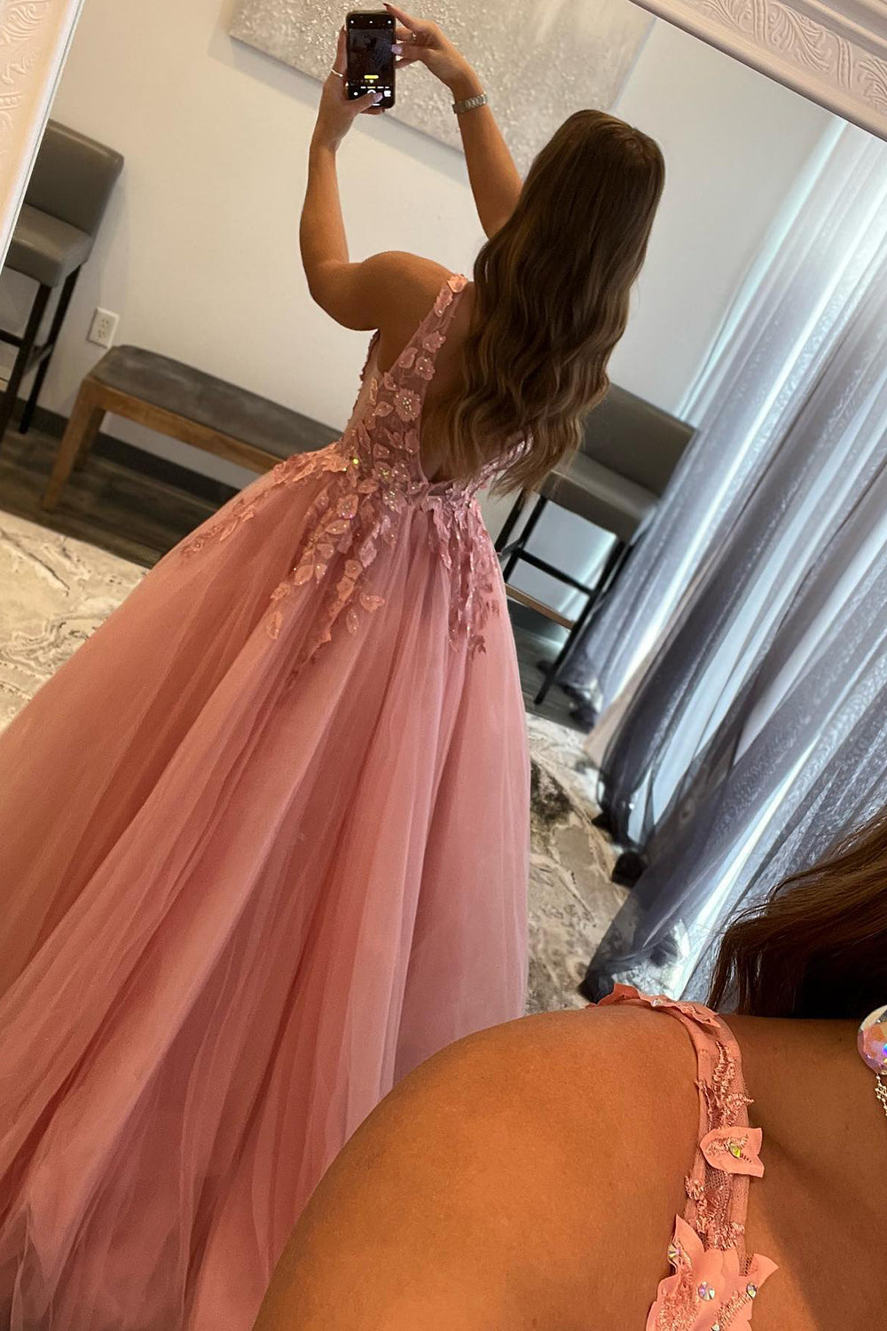 Blush A-Line Princess Prom Dress with Deep V-Neck and Appliques