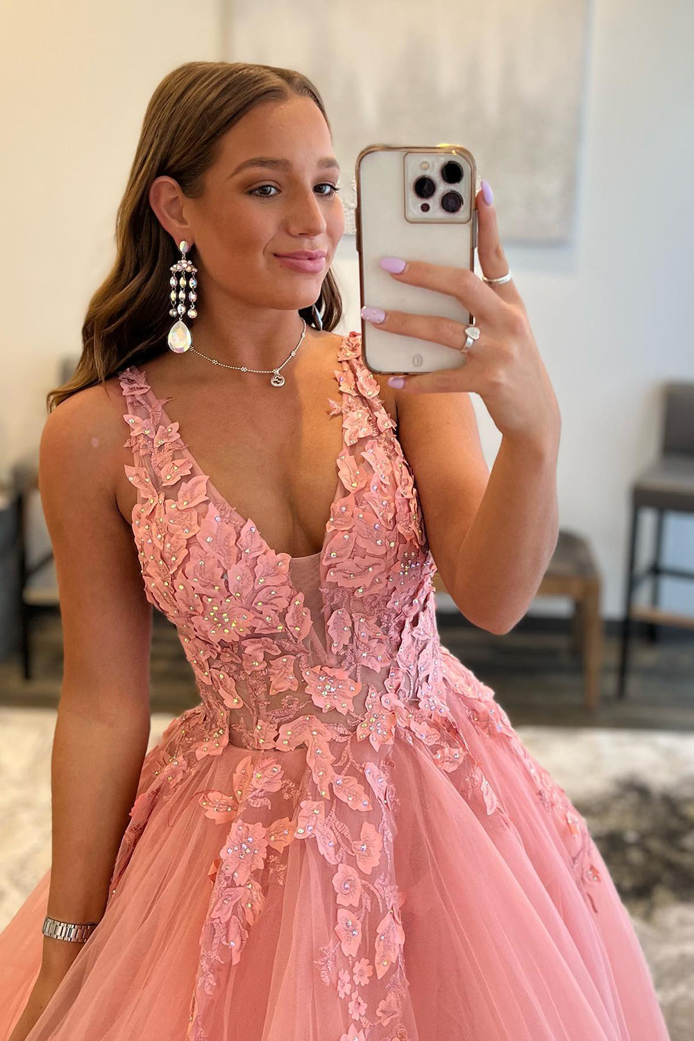 Blush A-Line Princess Prom Dress with Deep V-Neck and Appliques
