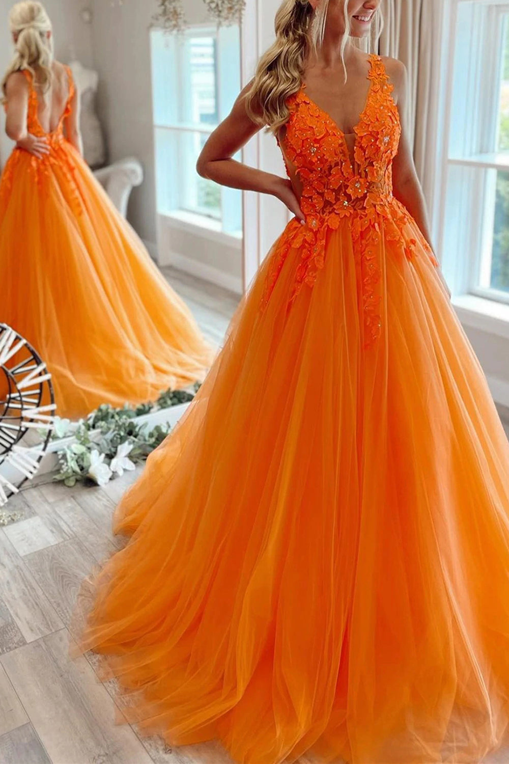 Blush A-Line Princess Prom Dress with Deep V-Neck and Appliques