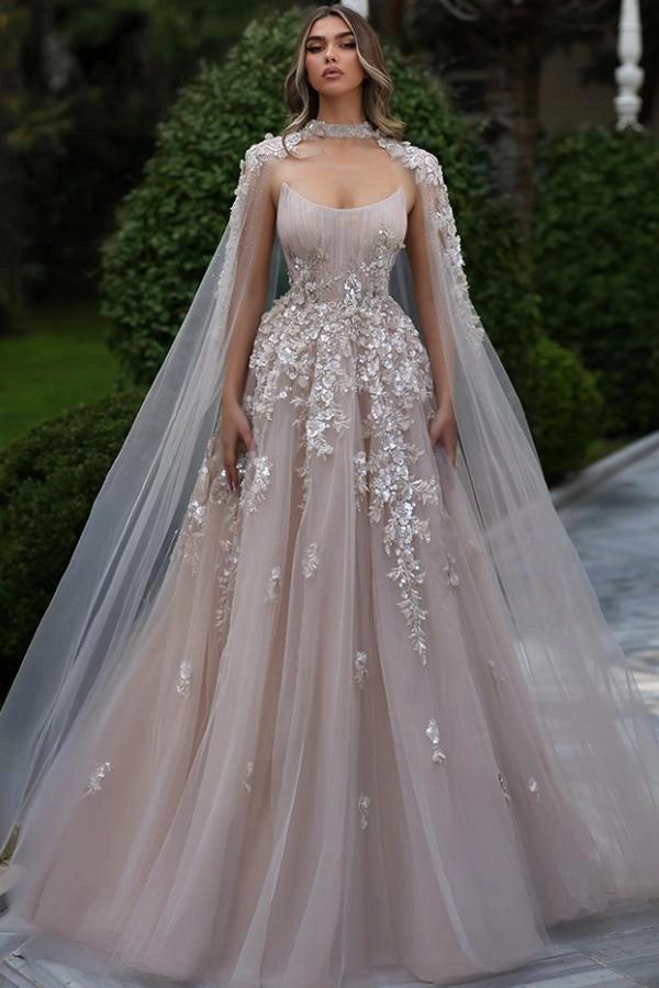 Blush Champagne A-Line Prom Dress Strapless Boned Corset 3D Floral Lace Beaded Tulle with Detachable High Neck Cape Luxury Evening Gown