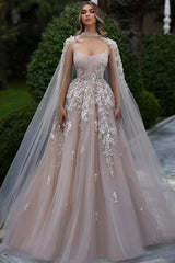 Blush Champagne A-Line Prom Dress Strapless Boned Corset 3D Floral Lace Beaded Tulle with Detachable High Neck Cape Luxury Evening Gown